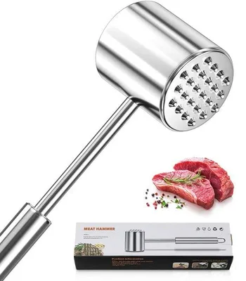 Zdjęcie produktu dla Zeynomax - Młotek do mięsa - Młotek do mięsa ze stali nierdzewnej - Trwały i wydajny - Srebrny - Idealny do kotletów i steków - Nadaje się do codziennego użytku.