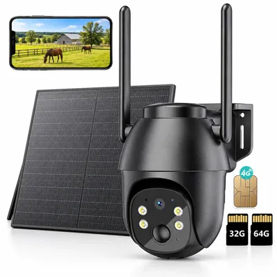 Zdjęcie produktu dla Kamera monitoringu 4G LTE, zewnętrzna, z akumulatorem, kartą SIM, 2K, bezprzewodowa, solarna, PTZ, IP, do użytku zewnętrznego, bez Wi-Fi, z podczerwienią, kolorowy tryb nocny, detekcja ruchu PIR, 32G, 64G