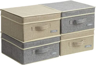 Image de Boîtes de rangement avec couvercle, lot de 4, boîtes pliables en tissu, en carton, pour organiser