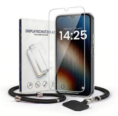 Produktbild von Handyhülle für Samsung Galaxy A13 mit Handykette und 9H Displayglas Displayschutz Band in Schwarz Kordel Hülle Case Schutzhülle Transparent