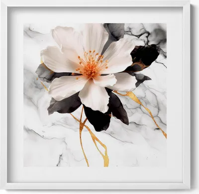 Produktbild von Marmorkomposition mit Blumen– Wandbild mit Rahmen – Gerahmtes Bild  – Wanddekoration – 50x50 cm –  Weiß Rahmen