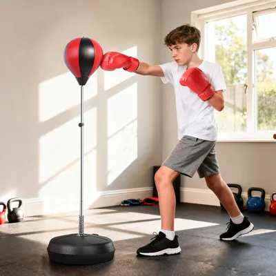 Image de Ensemble de boxe : Sac de frappe autonome avec base – Hauteur réglable de 126 à 144 cm – Gants de boxe – Pompe – À partir de 8 ans – Rouge/Noir