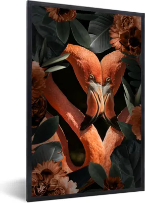 Produktbild von MuchoWow® MuchoWow® Gerahmtes Poster Flamingo - Blätter - Blumen 40x60 cm - Poster mit zchwarzem Bilderrahmen - Papierdruck - Wandbilder