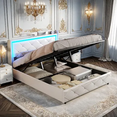 Image de UnboxG Lit rembourré 140x200cm avec fonction de recharge (USB/Typ-c), lit double pour adolescents Lit de rangement avec LED, lit boxspring hydraulique, PU, blanc