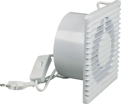 A white exhaust fan with a power cord and switch is shown against a white background.