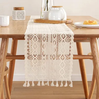Produktbild von Tischläufer 24 x 180 cm, Beige Makramee mit Quasten, Vintage Spitze, für Boho Dekoration