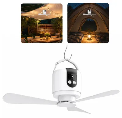Produktbild von Wiederaufladbarer Deckenventilator 45cm, 15600mAh Akku, 25h Laufzeit, Fernbedienung, 3 Stufen dimmbar, Powerbank-Funktion – Camping Ventilator mit LED
