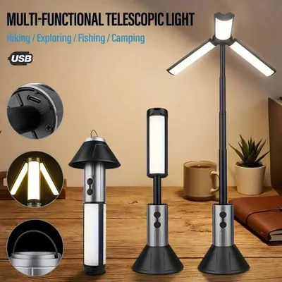 Produktbild von LED-Campinglaterne mit Teleskopstativ, 3 Leuchtpaneelen und USB-Aufladung