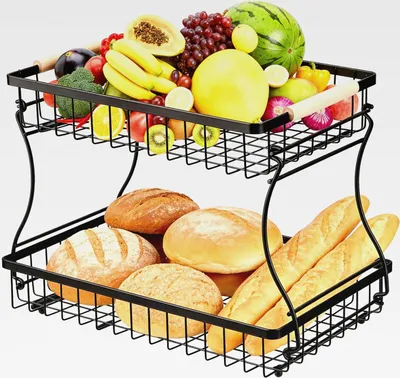 Produktbild von Obstkorb, Obst Etagere 2 Stöckig mit Holzgriffen für Küche, Bad & Mehr – Obstständer, Gemüse & Küchenorganisation,Organizer Snack, Schwarz