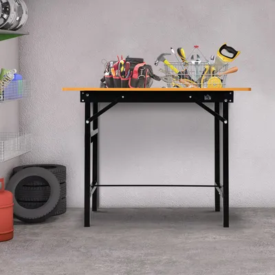 Imagen del producto de Mesa de trabajo Sweiko, mesa de trabajo, banco de trabajo, mesa plegable, superficie de trabajo, plegable, acero, MDF, amarillo y negro, 100 x 60 x 75,5 cm