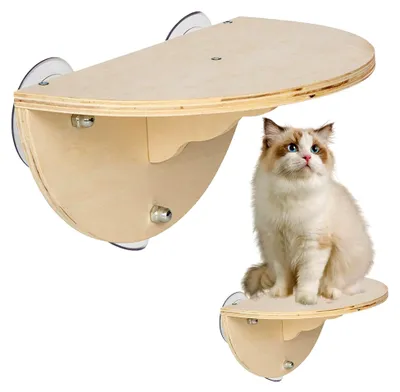 Produktbild von Katzenfenstersitz, Katzenhängematte Haustierbett, Katzentreppe aus Massivholz, Katzenwand-Stufenregale zum Klettern, Katzenfenstersitz mit 3 Saugnäpfen für Wohnungskatzen, ohne Bohren, belastbar bis 20 kg