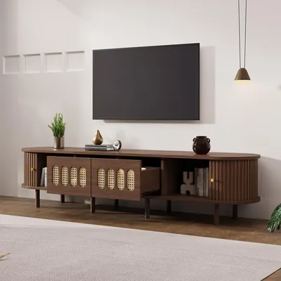 Produktbild von MODFU TV-Schrank mit 2 Schubladen und Rattan-Design,Lowboard mit Rollladen,Fernsehbank mit Stauraum, für einen 80-Zoll-Fernseher,Nussbaum