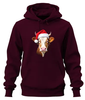 Produktbild von Weihnachtskuh Nikolausmütze Bauernhof Geschenk niedlich Hoodie Kapuzenpullover, Burgundy, L
