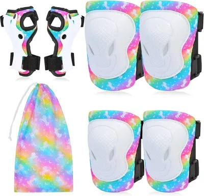 Imagen del producto de Protectores para rodillas niños - Set de 7 piezas - Protectores de rodilla, codo y muñeca con bolsa de cuerda unicornio - Para patinete y skateboard