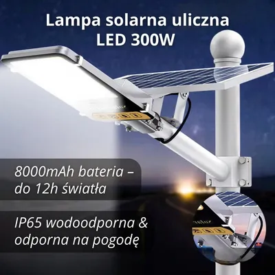 Zdjęcie produktu dla Lampa solarna uliczna LED 300W z baterią 8000mAh – wodoodporna IP65, aluminiowa obudowa, panel solarny & pilot – ogród, garaż, taras, podjazd