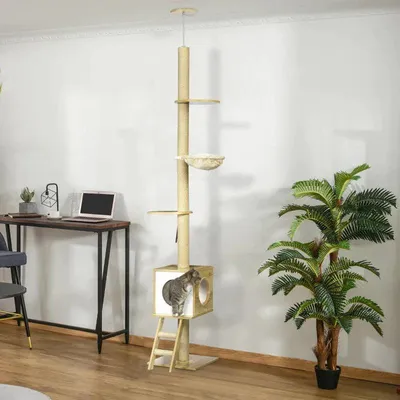 Obrázek produktu pro Kočičí strom s domečkem pro kočky | Barva: Světlé hnědé + béžová | Rozměry: 40x40x240-260 cm