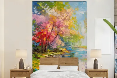 Produktbild von MuchoWow® Fototapete für Wohnzimmer oder Schlafzimmer Wandtapete Vinyl Motivtapete Ölfarbe - Landschaft - Natur - Farbenfroh - 225x350 cm - Schlafzimmer tapete