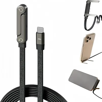 Produktbild von 2-in-1-Ladekabel mit Ständer, 240 W für geflochtenes Ladekabel, mit integrierter seitlicher Handyhalterung, Zinklegierung für Smartphones und Tablets