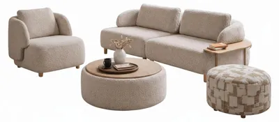 Productafbeelding van Woonkamer set: 2-zits sofa, fauteuil, bijzettafeltje, hocker. Moderne stijl, AI-gegenereerde afbeelding