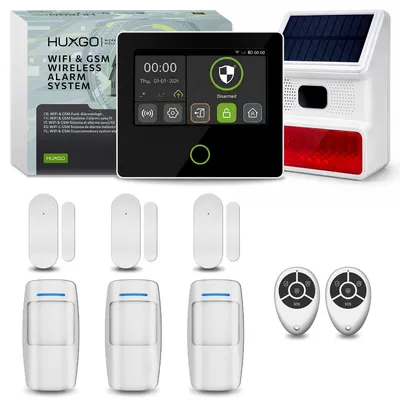 Image de Système d'alarme HUXGO avec Wi-Fi, GSM et 4G : kit comprenant une sirène solaire, 3 détecteurs de mouvement et 3 capteurs de porte HXA502 B