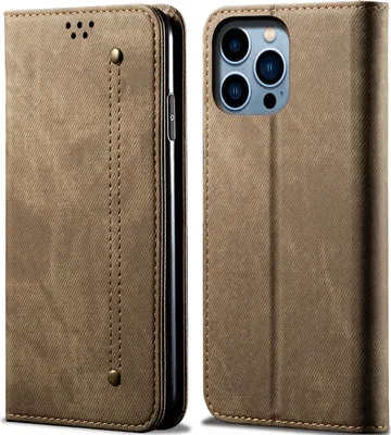 Produktbild von iPhone 15 Pro Hülle, Denim Leder Brieftasche Magnetverschluss Flip Bookstyle Schutzhülle mit Standfunktion für iPhone 15 Pro Khaki