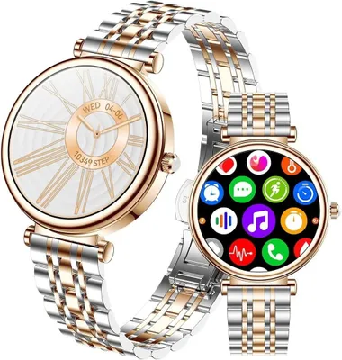 Produktbild von Elegante Smartwatch Damen mit Telefonfunktion 2026 Gold Silber rund Fitnessuhr mit Herzfrequenz für Android und Apple wasserdicht IP67 mit Armbandwechsel