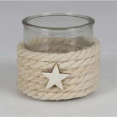 Produktbild von Teelichthalter mit Dekoschnur und Holzstern Kerzenhalter Teelicht Glas