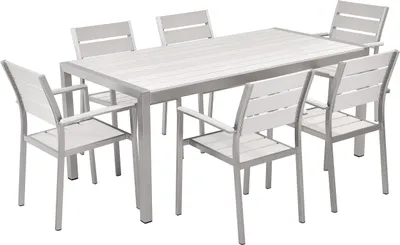 A white and gray aluminum and faux wood dining set with six chairs around a rectangular table, shown on a white background.