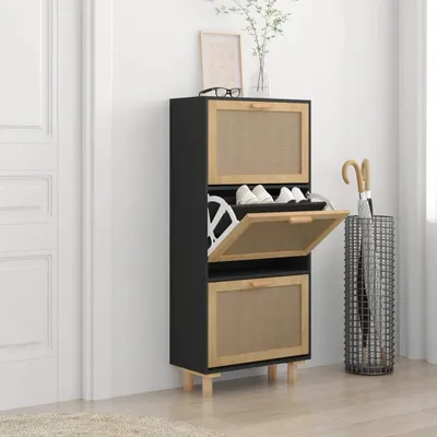 Productafbeelding van Schoenenkast in zwart, 52x25x115 cm, gemaakt van houtvezel en natuurlijk riet, schoenenorganizer, garderobekast voor de hal, halkast, schoenenrek en schoenenopslag