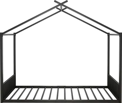 Produktbild von Flieks Kinderbett Hausbett 140x200cm, Bodenbett Doppelbett für Kinder mit Lattenrost, Spielbett Eisenbett für Kinderzimmer, Schwarz
