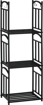 A black metal firewood rack with three shelves, shown against a white background.