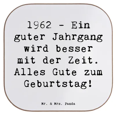Produktbild von Mr. & Mrs. Panda Holzuntersetzer Spruch 1962 Geburtstag - Weiß - Geschenk, handgefertigte Geschenke, Glückwünsche, Untersetzer für Gläser, Geburtstagsgruß, Jubiläum, Glas