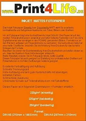 Obrázek produktu pro Prémiový fotopapír formátu A4, 220 g/m², jednostranně matný, 50 listů
