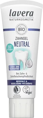 A tube of Lavera toothpaste on a white background.