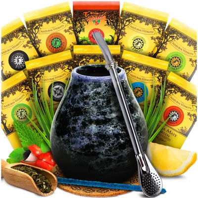 Zdjęcie produktu dla Zestaw do herbaty Mate Green Yerba Mate 10x50g /500g – ceramiczny kubek Mate Marmol 350ml, Bombilla Liza 19cm i akcesoria