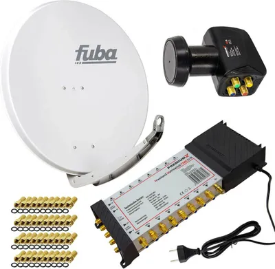 A collection of satellite dish components, including a dish, LNB, and a multi-switch, arranged on a white background.