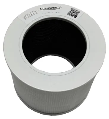 A white air filter with a black pleated interior.