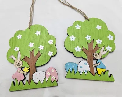 Produktbild von Holzaufhänger, 12x9cm Hasen-Mädchen und Hasenjunge