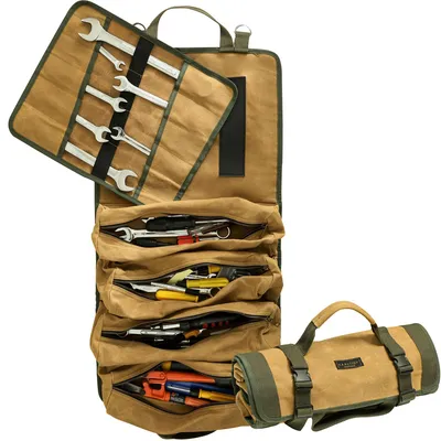 Werkzeug-Rolltasche aus Canvas, 70x35 cm, 4 Taschen, Khaki