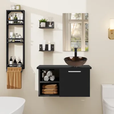 Image de Puluomis Ensemble de meubles de salle de bains avec porte-serviettes, lavabo rond brun meuble sous lavabo meuble bas avec miroir salle de bains cuisine