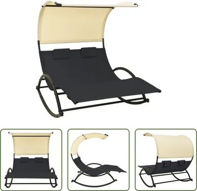 Image de The Living Store Bain de soleil double avec toit solaire Textilène noir et crème