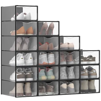 Produktbild von Schuhboxen, Schuh-Organizer aus Kunststoff, mit Tür, durchsichtig, 18er Set, stapelbar, einfache Montage, 33,2 x 23 x 14,5 cm