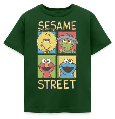 Produktbild von Spreadshirt Sesamstraße Bibo, Oscar, Elmo, Krümelmonster Kinder T-Shirt, 98/104 (3-4 Jahre), Forstgrün