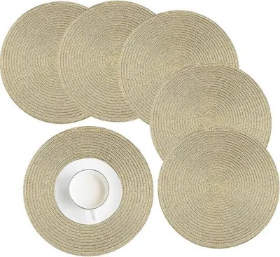 Produktbild von Unyqoos® 6er-Set runde, waschbare Platzsets 38 cm – geflochten aus Polypropylen & Baumwolle, hitzebeständig bis 70 °C, Gold, Tischschutz für Küche & Esstisch