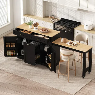 Productafbeelding van MODFU Keukeneiland met uitschuifbaar eettafel, zwarte keukentrolley met 2 lades, bar/keukentafel met opbergruimte en kruidenrek, 188,6 x 40 x 91 cm