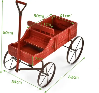 A red wooden wagon with metal wheels, shown from a diagonal angle with dimensions indicated by text overlays.