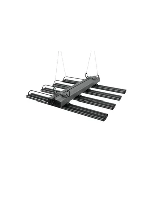 A grow light suspended by chains against a white background.