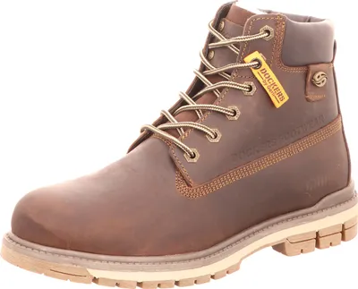 A brown leather boot on a white background.