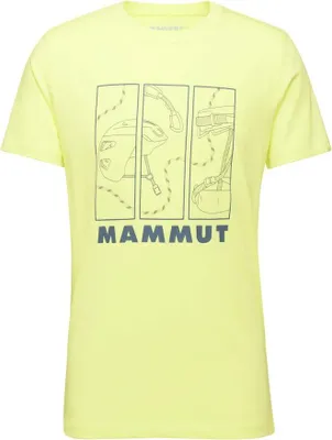 Hellgelbes T-Shirt mit schwarzem Aufdruck von Kletterausrüstung und Schriftzug Mammut auf der Vorderseite