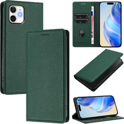 Immagine prodotto di Custodia in pelle per iPhone 11, pelle Litschi, custodia a portafoglio con slot per carte e supporto Verde